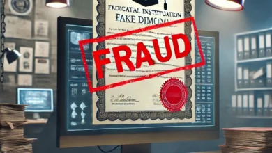 Dall·e 2024 08 21 08.46.49 An Image Representing A Fraudulent Educational Institution Featuring A Fake Diploma Or Certificate With A Red Fraud Stamp On It Set Against A Back