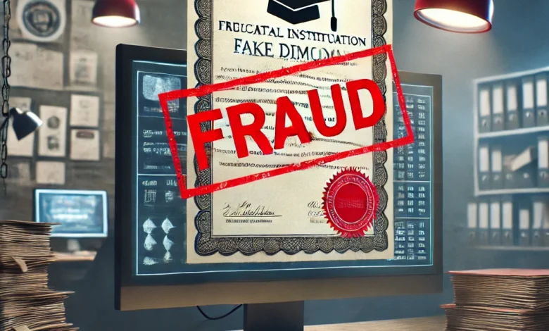 Dall·e 2024 08 21 08.46.49 An Image Representing A Fraudulent Educational Institution Featuring A Fake Diploma Or Certificate With A Red Fraud Stamp On It Set Against A Back