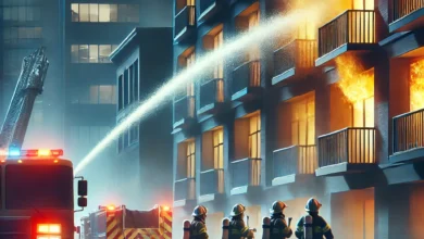 Dall·e 2024 08 21 08.50.16 An Image Representing A Residential Fire Being Extinguished Featuring Firefighters In Action With Hoses Spraying Water Onto A Burning Apartment. The