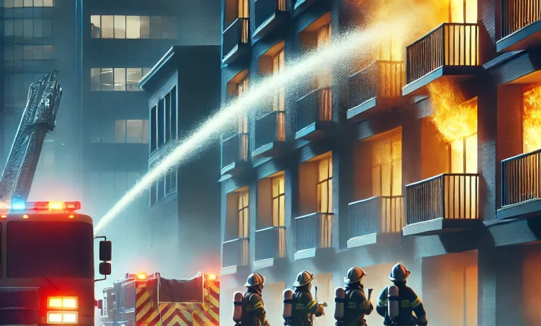 Dall·e 2024 08 21 08.50.16 An Image Representing A Residential Fire Being Extinguished Featuring Firefighters In Action With Hoses Spraying Water Onto A Burning Apartment. The