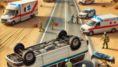 Dall·e 2024 08 21 08.57.47 An Image Representing A Road Accident Involving An Overturned Microbus On A Highway With Emergency Responders Assisting Injured Passengers. The Scene