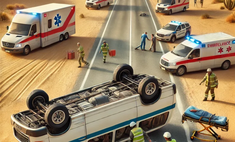 Dall·e 2024 08 21 08.57.47 An Image Representing A Road Accident Involving An Overturned Microbus On A Highway With Emergency Responders Assisting Injured Passengers. The Scene