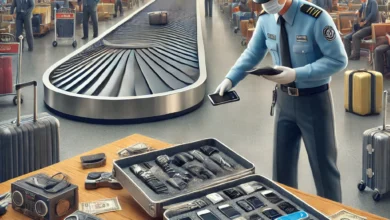 Dall·e 2024 08 21 09.03.25 An Image Representing A Customs Operation At An Airport Featuring Customs Officers Inspecting Luggage And Discovering Multiple Hidden Mobile Phones.