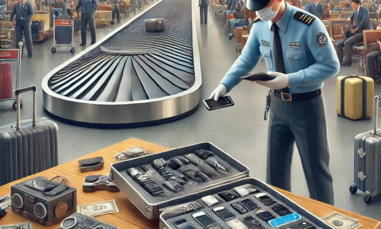 Dall·e 2024 08 21 09.03.25 An Image Representing A Customs Operation At An Airport Featuring Customs Officers Inspecting Luggage And Discovering Multiple Hidden Mobile Phones.