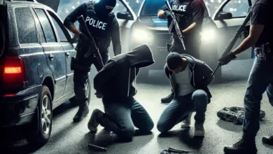 Dall·e 2024 08 21 09.49.10 An Image Representing A Police Operation Capturing A Car Theft Gang At Night. The Scene Should Include Police Officers Arresting Suspects Near Stolen