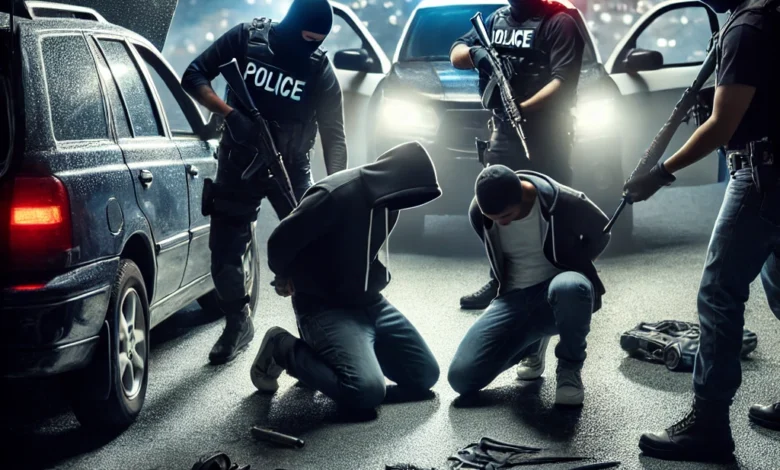 Dall·e 2024 08 21 09.49.10 An Image Representing A Police Operation Capturing A Car Theft Gang At Night. The Scene Should Include Police Officers Arresting Suspects Near Stolen