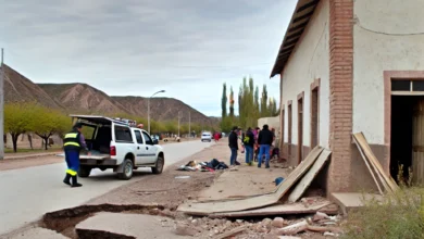 Dall·e 2024 08 21 13.52.16 A Realistic Image Capturing The Aftermath Of A 5.6 Magnitude Earthquake In Jujuy Argentina. The Scene Shows A Slightly Damaged Building In A Rural To