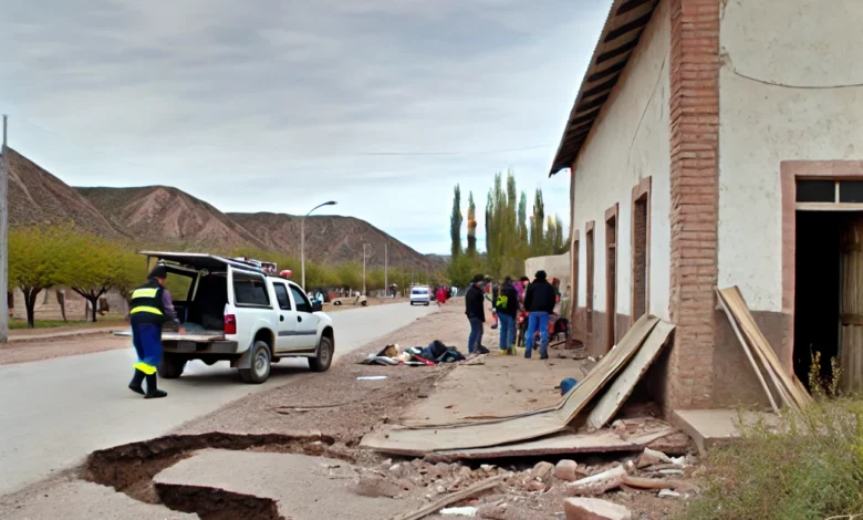 Dall·e 2024 08 21 13.52.16 A Realistic Image Capturing The Aftermath Of A 5.6 Magnitude Earthquake In Jujuy Argentina. The Scene Shows A Slightly Damaged Building In A Rural To