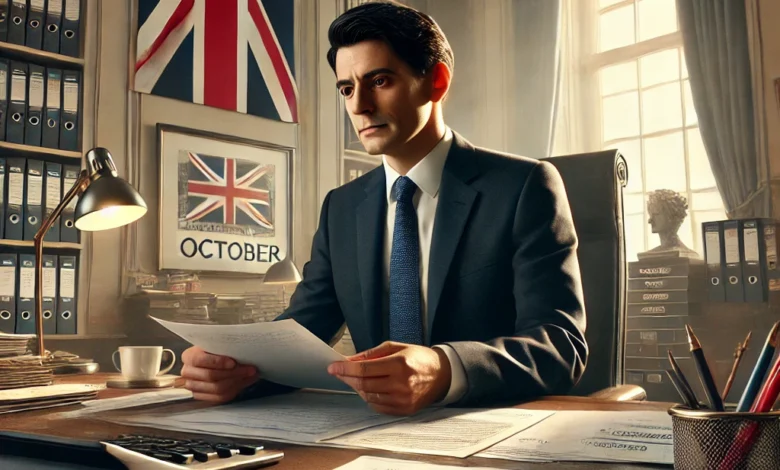 Dall·e 2024 08 21 13.56.28 A Realistic Image Depicting The Uk Chancellor Of The Exchequer In A Government Office Reviewing Documents With Graphs And Charts Representing Tax Inc