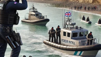 Dall·e 2024 08 21 14.00.14 A Realistic Image Showing British Border Patrol Officers At A Coastal Area Monitoring The Sea With Binoculars And High Tech Equipment. The Scene Incl