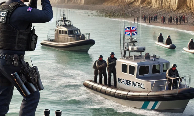 Dall·e 2024 08 21 14.00.14 A Realistic Image Showing British Border Patrol Officers At A Coastal Area Monitoring The Sea With Binoculars And High Tech Equipment. The Scene Incl