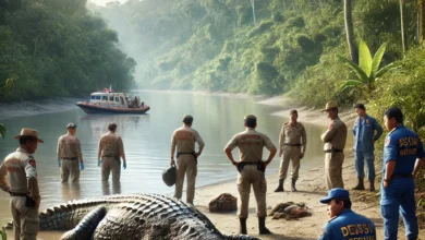 Dall·e 2024 08 21 14.08.04 A Realistic Image Showing A Scene In A Remote Area Of Indonesia Near A Riverbank Where A Large Crocodile Is Lying On The Ground. Nearby There Are Lo