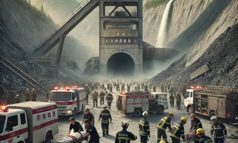 Dall·e 2024 08 21 14.11.02 A Realistic Image Depicting The Aftermath Of A Coal Mine Accident In Southwestern China. The Scene Shows A Coal Mine Entrance Surrounded By Emergency