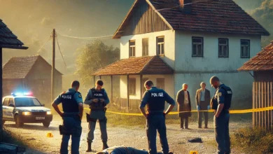 Dall·e 2024 08 21 14.14.52 A Realistic Image Depicting A Crime Scene In A Small Village In Western Bosnia Where Three People Were Killed In A Shooting. The Scene Shows Police Of