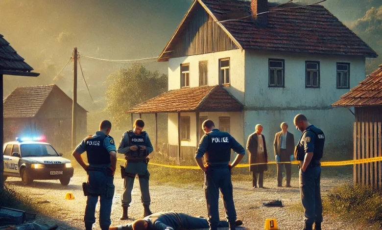 Dall·e 2024 08 21 14.14.52 A Realistic Image Depicting A Crime Scene In A Small Village In Western Bosnia Where Three People Were Killed In A Shooting. The Scene Shows Police Of