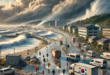 Dall·e 2024 08 21 14.18.44 A Realistic Image Depicting The Impending Arrival Of Typhoon Jongdari In South Korea. The Scene Shows A Coastal Area With Strong Winds And Dark Storm