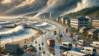 Dall·e 2024 08 21 14.18.44 A Realistic Image Depicting The Impending Arrival Of Typhoon Jongdari In South Korea. The Scene Shows A Coastal Area With Strong Winds And Dark Storm