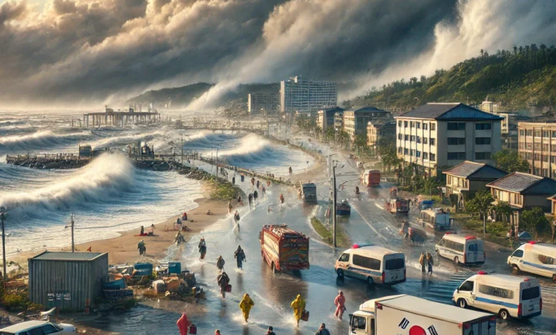 Dall·e 2024 08 21 14.18.44 A Realistic Image Depicting The Impending Arrival Of Typhoon Jongdari In South Korea. The Scene Shows A Coastal Area With Strong Winds And Dark Storm