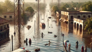 Dall·e 2024 08 21 14.23.20 A Realistic Image Depicting A Flooded Area In Niger With Damaged Infrastructure. The Scene Shows Broken Communication Towers And Submerged Roads With 1