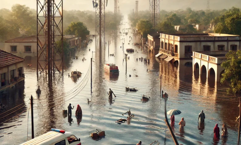 Dall·e 2024 08 21 14.23.20 A Realistic Image Depicting A Flooded Area In Niger With Damaged Infrastructure. The Scene Shows Broken Communication Towers And Submerged Roads With 1