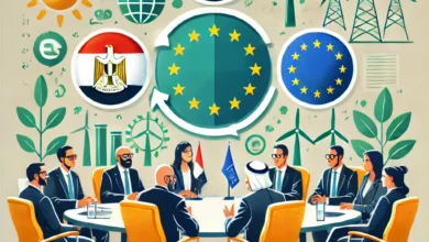 Dall·e 2024 08 21 15.07.14 An Image Representing A Meeting Between The Egyptian Minister Of Planning And A Delegation From The European Union To Discuss Climate Finance Strategi