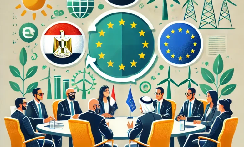 Dall·e 2024 08 21 15.07.14 An Image Representing A Meeting Between The Egyptian Minister Of Planning And A Delegation From The European Union To Discuss Climate Finance Strategi