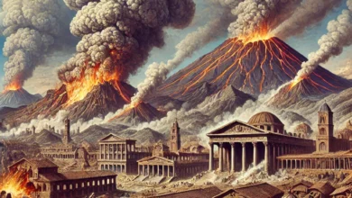 Dall·e 2024 08 22 07.32.07 An Illustration Depicting The Ancient Roman City Of Pompeii During The Catastrophic Eruption Of Mount Vesuvius. The Scene Should Show The City Being O