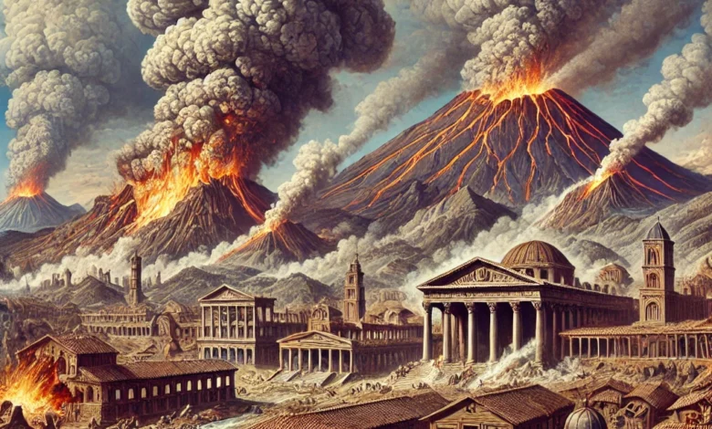 Dall·e 2024 08 22 07.32.07 An Illustration Depicting The Ancient Roman City Of Pompeii During The Catastrophic Eruption Of Mount Vesuvius. The Scene Should Show The City Being O