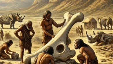 Dall·e 2024 08 22 07.36.25 An Illustration Depicting An Ancient Prehistoric Setting Where A Group Of Early Humans From The Bronze Age Are Shown Discovering And Using A Large Fo