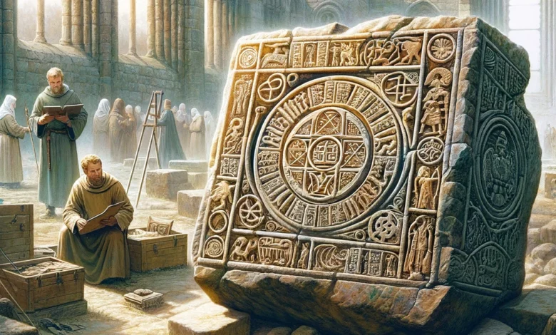 Dall·e 2024 08 22 07.38.41 An Illustration Depicting The Discovery Of A Rare Religious Stone In Germany After 900 Years. The Scene Should Show An Ancient Stone With Intricate Re