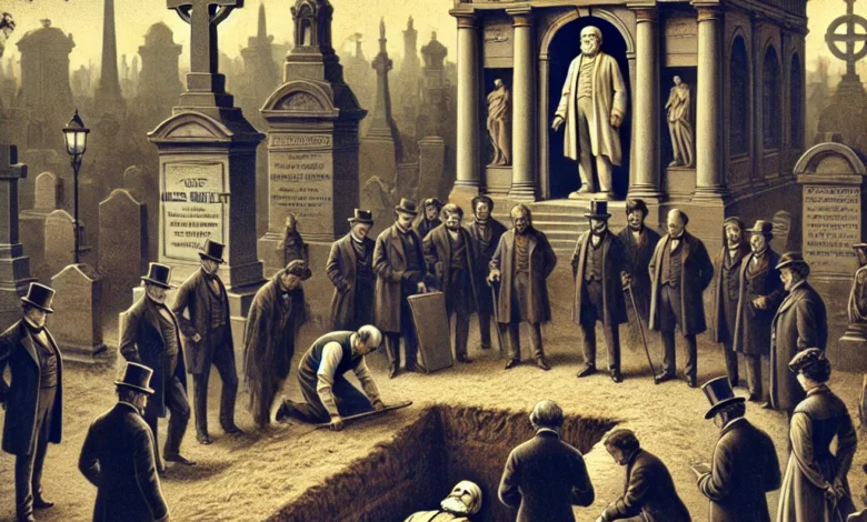 Dall·e 2024 08 22 08.26.57 An Illustration Depicting The Mysterious Exhumation Of The French Historian Jules Michelets Body From His Grave. The Scene Should Have A Somber And H