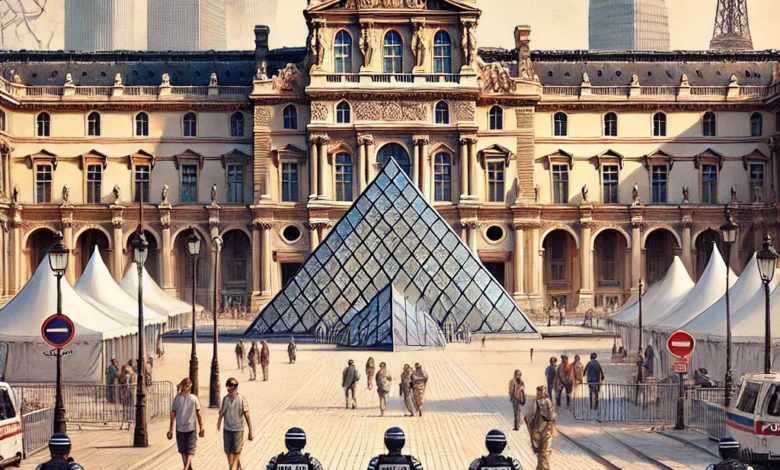 Dall·e 2024 08 22 08.35.38 A Detailed Image Of The Louvre Museum In Paris With Fewer Visitors In Front Of It Than Usual. The Scene Includes Security Barriers And A Noticeable P