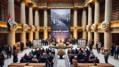 Dall·e 2024 08 22 08.47.39 A Commemorative Event At A Grand Historic Library Building Such As The Egyptian National Library And Archives With A Banner That Reads World Day O