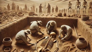 Dall·e 2024 08 22 08.50.56 A Detailed Archaeological Scene Depicting The Discovery Of Ancient Skeletal Remains Of Four Individuals Buried Approximately 3800 Years Ago In Peru. T