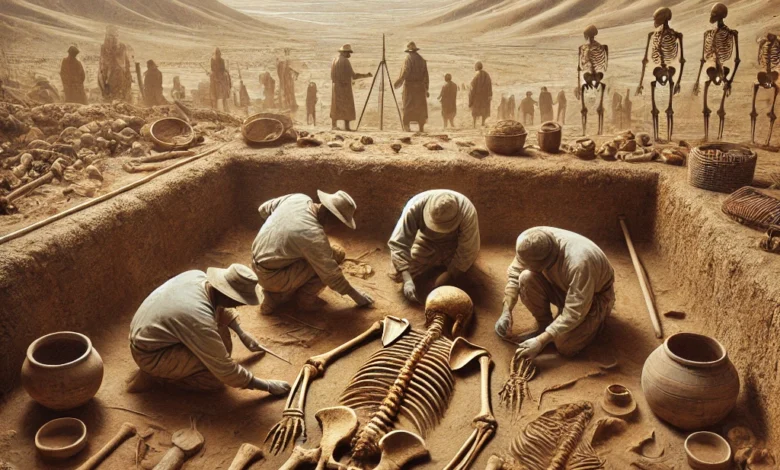 Dall·e 2024 08 22 08.50.56 A Detailed Archaeological Scene Depicting The Discovery Of Ancient Skeletal Remains Of Four Individuals Buried Approximately 3800 Years Ago In Peru. T