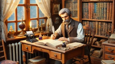 Dall·e 2024 08 22 09.10.41 A Detailed And Nostalgic Scene Depicting The Bulgarian Writer Angel Karaliychev A Former Chemist Who Became A Pioneer In Childrens Literature. The S