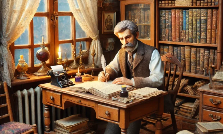 Dall·e 2024 08 22 09.10.41 A Detailed And Nostalgic Scene Depicting The Bulgarian Writer Angel Karaliychev A Former Chemist Who Became A Pioneer In Childrens Literature. The S