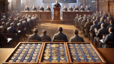 Dall·e 2024 08 22 09.15.08 A Detailed And Realistic Depiction Of A Grand Auction Room Where A Collection Of Ancient And Rare Coins Is Being Auctioned For 72 Million. The Scene