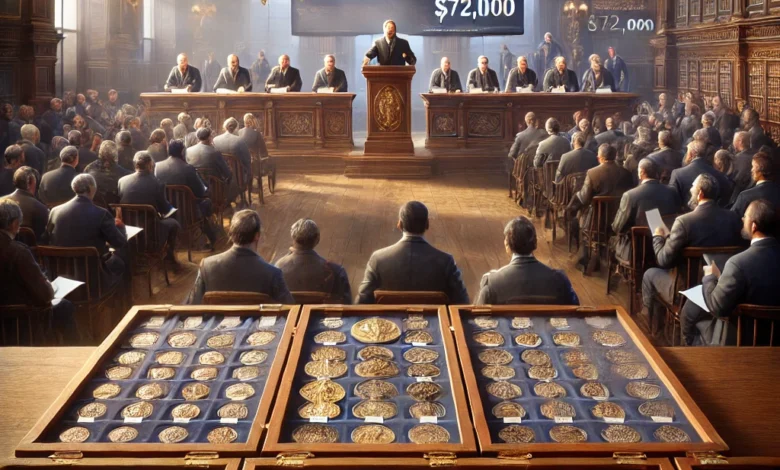 Dall·e 2024 08 22 09.15.08 A Detailed And Realistic Depiction Of A Grand Auction Room Where A Collection Of Ancient And Rare Coins Is Being Auctioned For 72 Million. The Scene