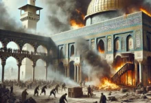 Dall·e 2024 08 22 09.22.00 A Solemn And Historically Accurate Depiction Of The Al Aqsa Mosque In Jerusalem During The 1969 Fire. The Scene Shows The Mosques Iconic Architecture