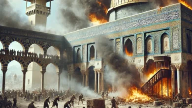 Dall·e 2024 08 22 09.22.00 A Solemn And Historically Accurate Depiction Of The Al Aqsa Mosque In Jerusalem During The 1969 Fire. The Scene Shows The Mosques Iconic Architecture