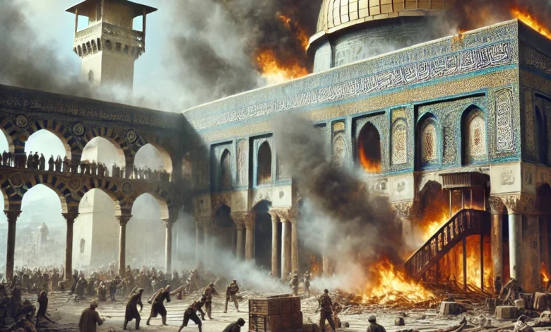 Dall·e 2024 08 22 09.22.00 A Solemn And Historically Accurate Depiction Of The Al Aqsa Mosque In Jerusalem During The 1969 Fire. The Scene Shows The Mosques Iconic Architecture