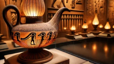 Dall·e 2024 08 22 09.30.49 A Detailed And Historically Accurate Image Of Ancient Oil Lamps Mesarij From The Egyptian Civilization Displayed In The Egyptian Museum. The Lamps A