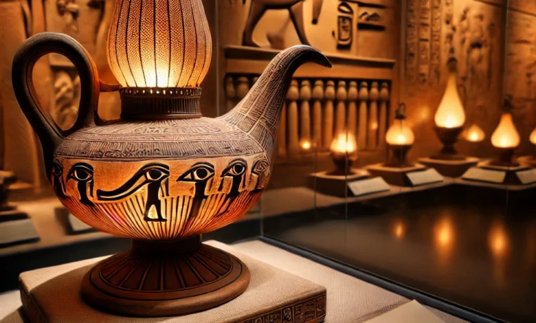 Dall·e 2024 08 22 09.30.49 A Detailed And Historically Accurate Image Of Ancient Oil Lamps Mesarij From The Egyptian Civilization Displayed In The Egyptian Museum. The Lamps A