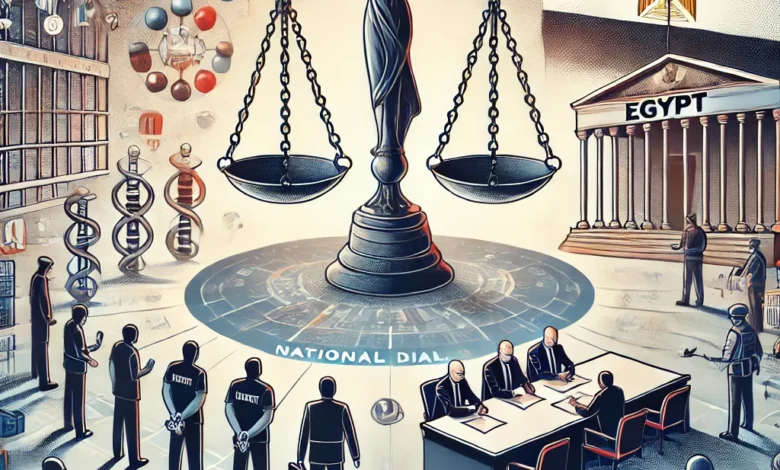 Dall·e 2024 08 25 10.46.03 An Image Representing The Impact Of National Dialogue On The Issue Of Pretrial Detention In Egypt. The Image Should Feature Symbols Such As Scales Of