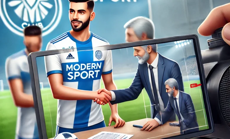 Dall·e 2024 08 25 16.05.58 An Image Representing A Football Player From Ismaily Club Signing A Contract With Modern Sport. The Image Should Include The Player In The Process Of