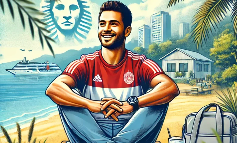 Dall·e 2024 08 25 16.08.51 An Image Showing Akram Tawfik A Player From Al Ahly Relaxing During His Vacation. The Image Should Capture A Peaceful Moment Possibly With Akram En