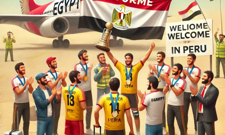 Dall·e 2024 08 25 16.12.21 An Image Representing The Return Of The Egyptian Youth Handball Team After Achieving 14Th Place In The World Championship In Peru. The Image Should In