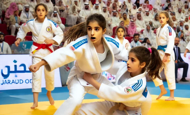 Dall·e 2024 08 25 16.25.43 An Image Capturing The Excitement And Enthusiasm Of Young Female Judo Athletes Participating In The Arab Judo Championship In Alamein. The Image Shoul