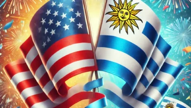 Dall·e 2024 08 26 10.44.46 A Celebratory Image Featuring The Flags Of The United States And Uruguay Intertwined Symbolizing Friendship And Diplomatic Relations. The Background